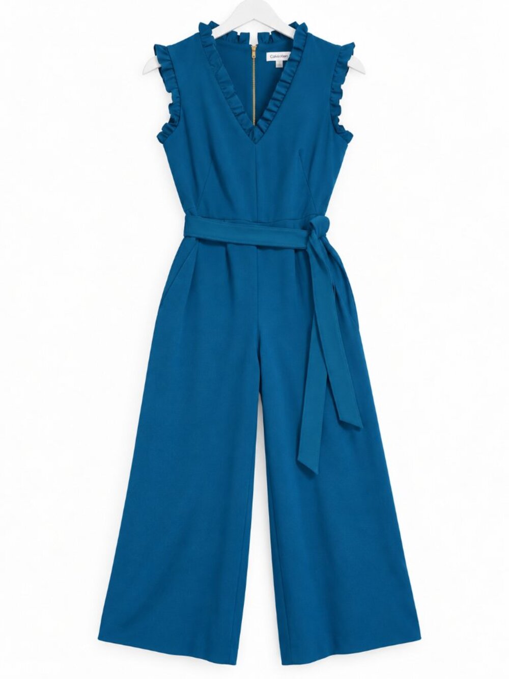 Calvin Klein Teal Ruffle V-Neck Belted Wide Leg Jumpsuit Size 8 NWT